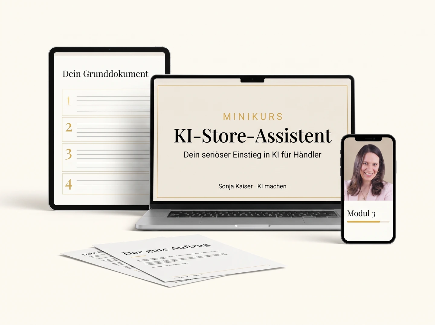 Mockup des Minikurses KI-Store-Assistent auf Laptop, Tablet und Smartphone